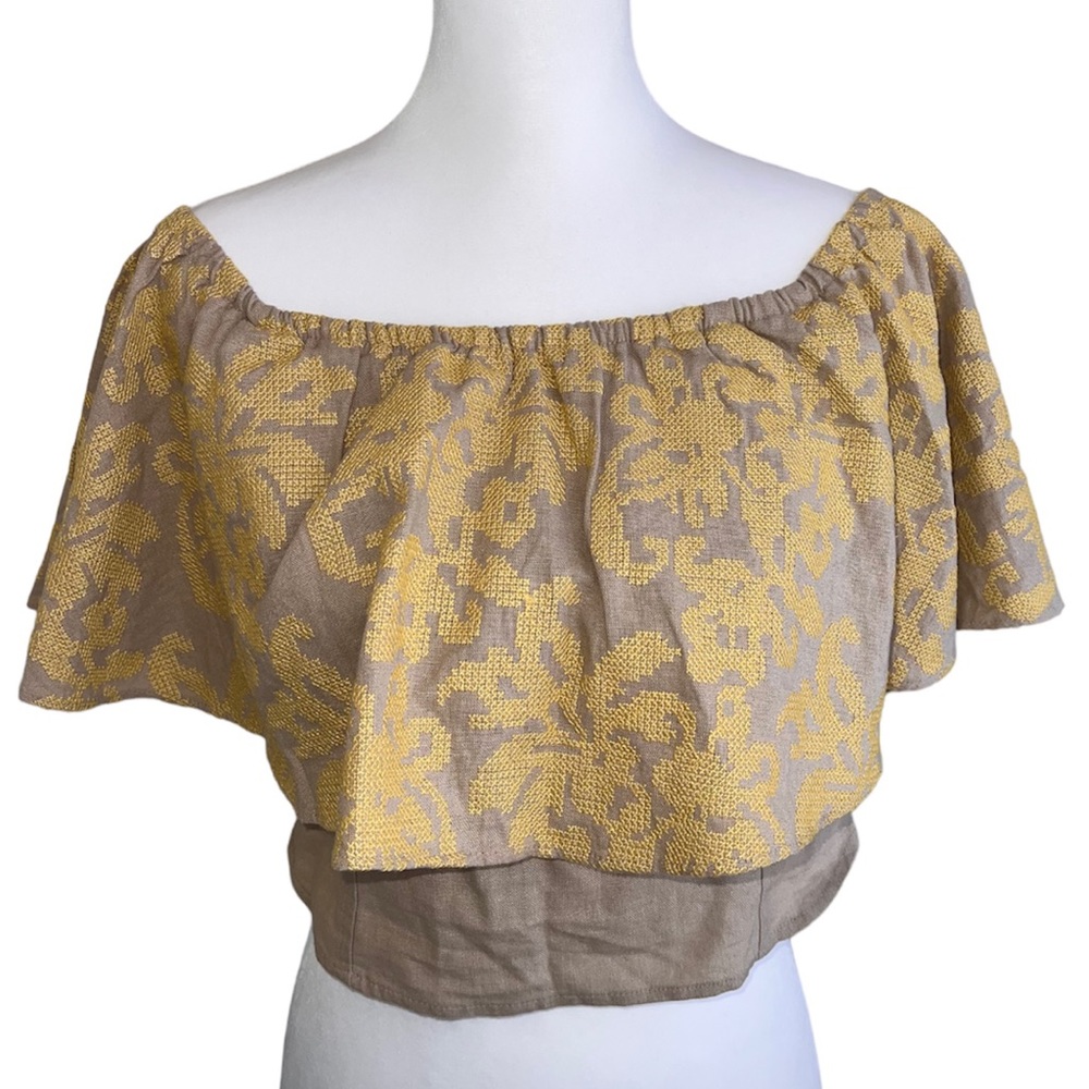 Eva Mendes🦎Crop Top XS Tan Yellow Embroidery Off Shoulder🌵